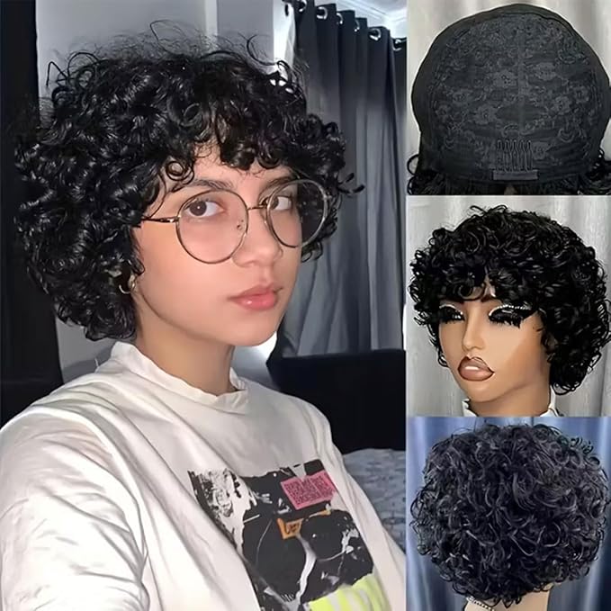Adette Brazilian Human Hair Wig - 6 Inch Short Curly Style 180% Density for Black Women, Natural Black Color with Bangs