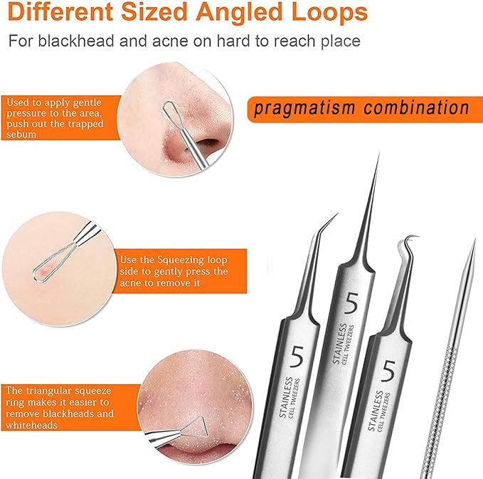 5pcs Blackhead Remover Tweezers Pimple Popper Tool Kit, Precision Acne Needle Comedone Blackhead Tweezers Extractor Removal Whitehead Popping Zit for Nose Face Skin Blemish Extractor Tool