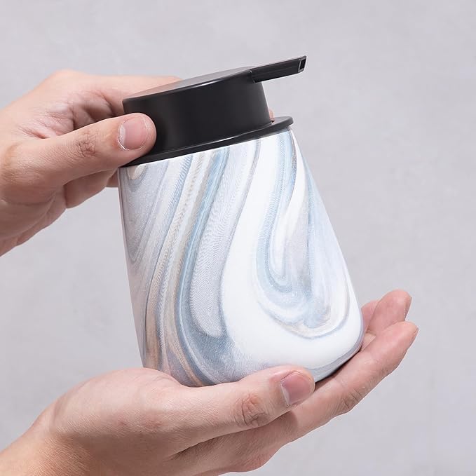 12Oz Ceramic Liquid Soap Dispenser - Modern Lotion Hand Soap Dispenser with Easy-to-Press Black Pump, Reusable and Refillable Dish Soap Dispensers for Bathroom & Kitchen, Marble Blue