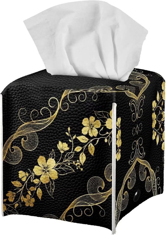 Black Marble Flower Tissue Box Holder Stylish Leather Square Tissue Box Cover with Top Handle Waterproof Napkin Case Holder Home Office Bathroom Decor