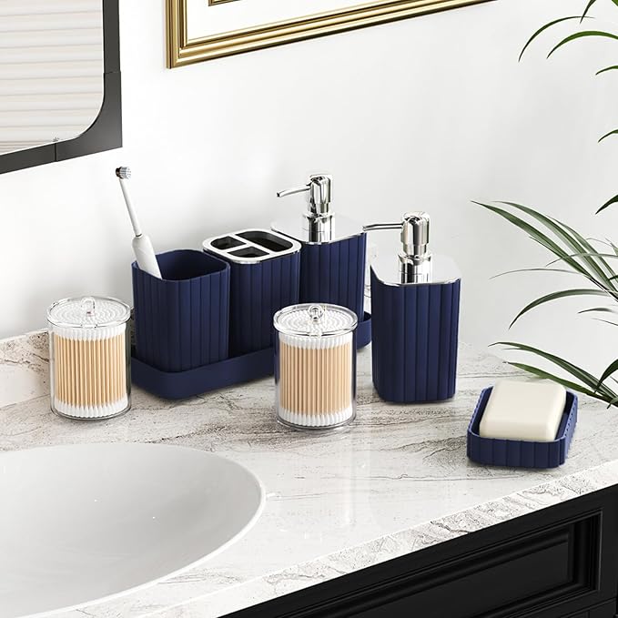 Bathroom Set with Shower Curtain and Rugs- 25PC Bathroom Accessory Set, Navy Blue Shower Curtain Set, Toilet Brush, Trash Can, Qtip Holder & Soap Dispenser