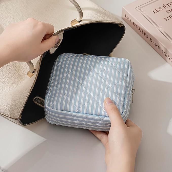 Small Quilted Striped Cosmetic Pouch for Purse, Mini Cotton Makeup Bag with Compartments, Cute Zipper Lipstick Holder for Women (26 Blue Stripes)