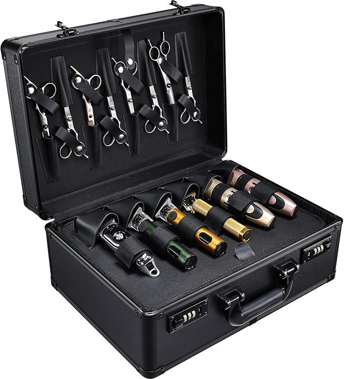 Barber Accessories Case, Profesional Barbers Briefcase Tool Case, Barber Cases for Clippers and Supplies, Hair Scissors Clippers Trimmer Organizer, Barbers Suitcase with Code Lock Black