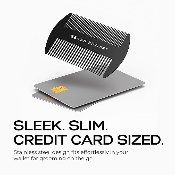 Beard Butler® 'The Original' Metal Wallet Comb – Slim Credit Card Beard & Mustache Comb for Men – Portable Stainless Steel – Fits in Wallet or Pocket – Perfect Beard Gift - Black
