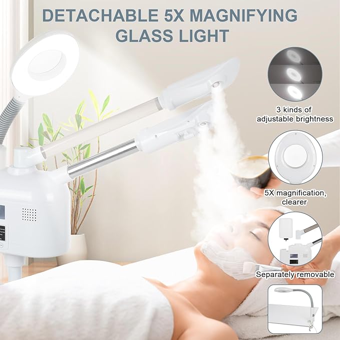 VARIPOWDER 3 in 1 Professional Facial Steamer for Face with Hot & Cold Nozzle 5X Magnifying Lamp Facial Steamer for Esthetician vaporizador Facial Use at Home or Spa