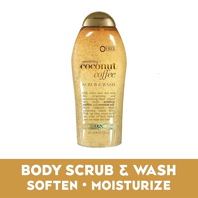 OGX Smoothing + Coconut Coffee Exfoliating Body Scrub with Arabica Coffee & Coconut Oil, Moisturizing Body Wash for Dry Skin, Paraben-Free with Sulfate-Free Surfactants, 19.5 Fl Oz (Pack of 2)