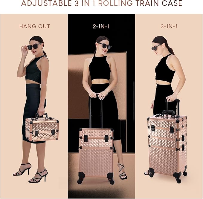 Frenessa Rolling Makeup Train Case 3 in 1 Professional Cosmetic Trolley Large Storage with keys Swivel Wheels Salon Barber Case Traveling Cart Trunk for Make Up Nail Tech - Vintage Rose Gold
