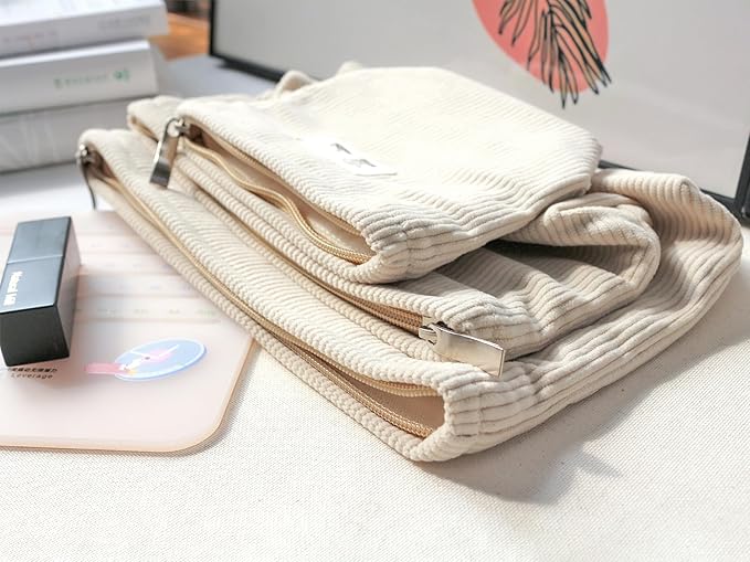 HAPPYHEIDI Corduroy Makeup Bag Set 3 w Divider Cosmetic Toiletry Travel Pouch Purse Organizer, 3-Size, Soft Creamy White
