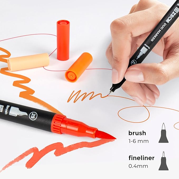 Orange Duo Tip Marker Pens, 12 Pack Fine & Brush Markers for Adult Coloring Books No Bleeding, Sunset Orange Markers for Autumn Scenes, Citrus Fruits, Vibrant Fills and Energetic Artworks