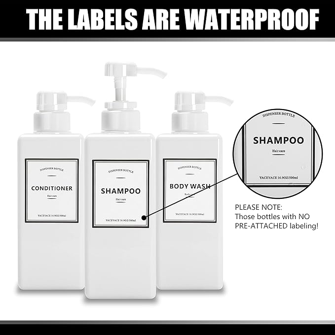 16.9oz Set of 3 White Shower Dispensers with Labels, Refillable for Shampoo, Conditioner, Body Wash