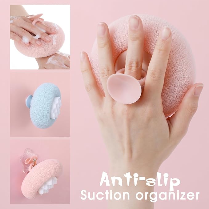 2 Pcs Soft Sunflower Suction Cup Bath Exfoliating Sponge Ball Bath Body Brush Mesh Bath Sponge Cleaning Scrubber Bath Sponge Brush with Comfortable Non-Slip Handle