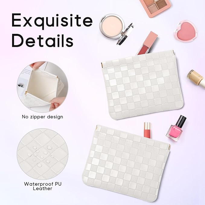 Sightor 2PCS Pocket Cosmetic Bag for Purse, Checkered Makeup Bag Portable Leather Cosmetic Bag for Women, Coin Purse Lipstick Cosmetic Accessories Organizer Travel Cosmetic Pouch (Black, White, L)