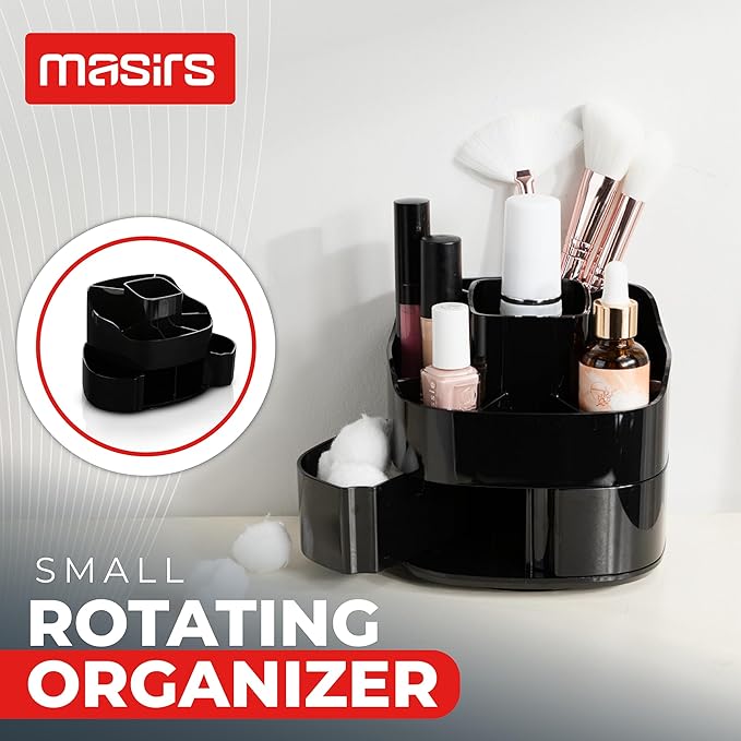 Masirs Small 360 Rotating Makeup Organizer - Mini Yet Spacious Cosmetic Storage Solution with Multiple Compartments - The Perfect Spinning Make-Up Caddy for Vanity or Bathroom Counter (Square - Black)