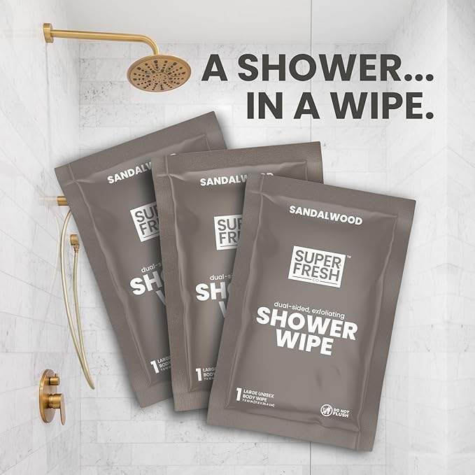 Super Fresh Shower Wipes Large Sandalwood Body Wipes for No Rinse Bathing Personal Hygiene Gym Travel or Camping Enriched with Aloe and Vitamin E 20 Individually Wrapped Disposable Sheets