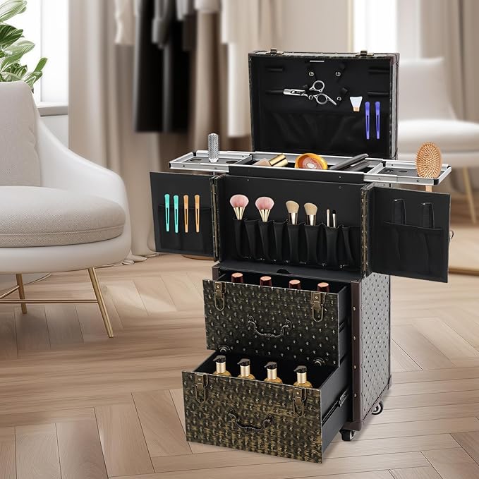 Rolling Makeup Case Large Storage Cosmetic Trolley, Rolling Lockable Makeup Train Case, Stylist Beauty Salon Cosmetic Luggage Travel Organizer Tool Box with Hair Dryer Holder (Brown+Bronze)