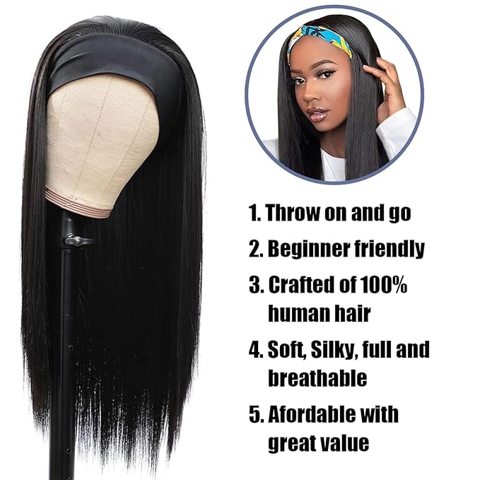 XSY Straight Headband Wig Human Hair Half Wigs for Black Women Glueless No Lace Wig Brazilian Virgin Human Hair Machine Made Headband Wigs 150% Density Natural Color 24 Inch