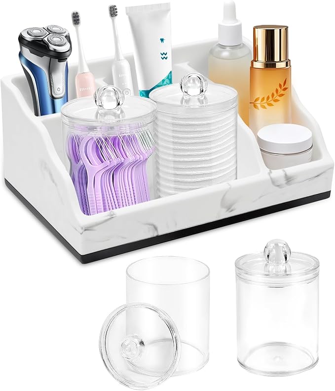 Bathroom Counter Organizer, White Marble Toothbrush Holders for Bathrooms with 2PCS Qtip Holder, Bathroom Countertop Organizer Toothbrush and Toothpaste Holder for Makeup Organizer for Vanity