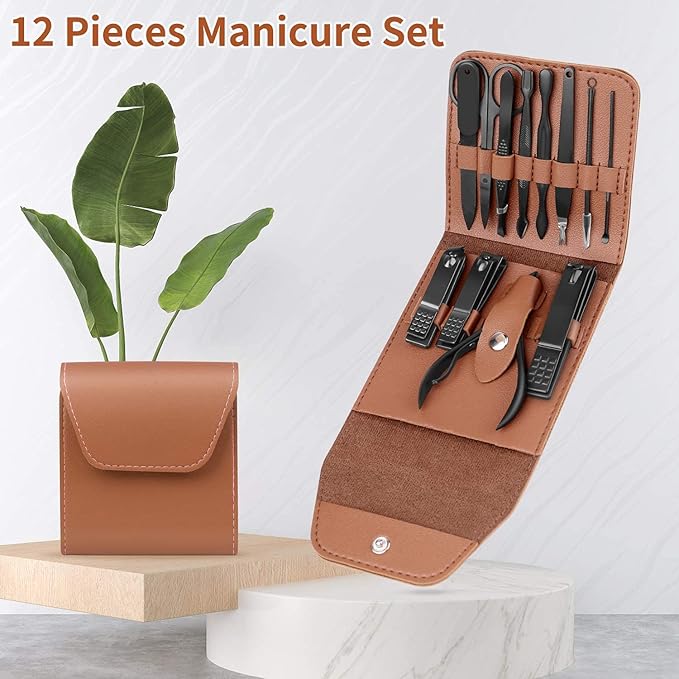 Teamkio 12pcs Manicure Set Pedicure Nail Clippers Set Travel Hygiene Kit Stainless Steel Professional Cutter Care Set Scissor Tweezers Knife Ear Pick Tools Grooming Kits with Leather Case