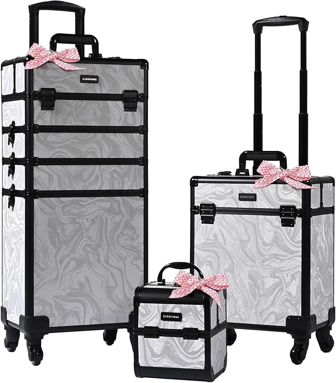 BYOOTIQUE Rolling Makeup Train Case on Wheels 3-Piece Hairdressing Brush Bags Cosmetology Organizer Kit Lockable Traveling Cart for Nail Tech Beauty Salon Barbershop,CTB Gray