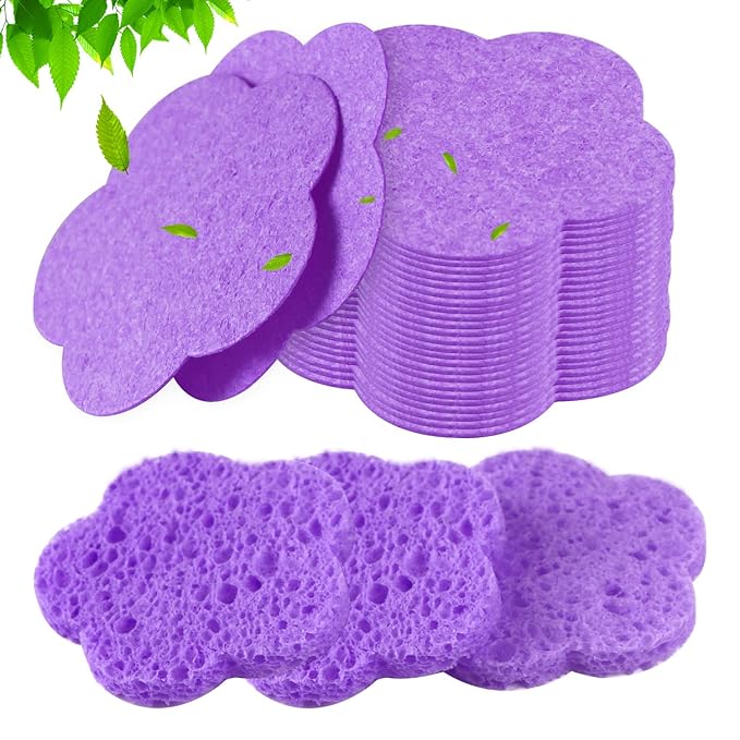 50-Count Facial Sponges, Natural, Modern Flower Shape, Purple, Reusable, Exfoliating, Cleansing, Makeup Gift