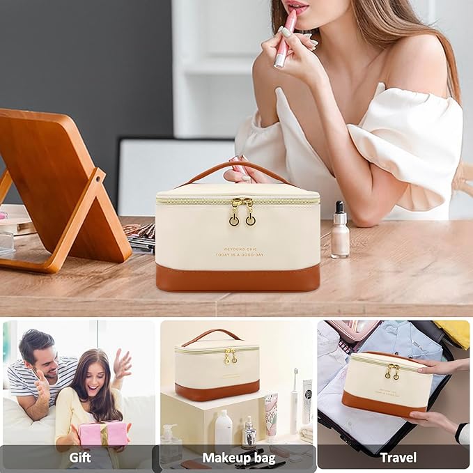 Small Makeup Bag Travel Cosmetic Bag Toiletry Zipper Pouch Make Up Organizer Bag with Handle Purse for Women Soft PU Leather Skincare Case (L01-Beige)
