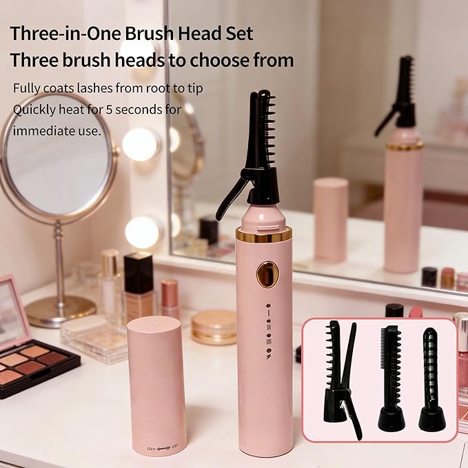 3 Interchangeable Brush Heads Rechargeable Heated Eyelash Curler 24-Hour Lasting curl 5-Second Rapid Heating 3 Temperature Settings Safety Anti-Scald Design (White)