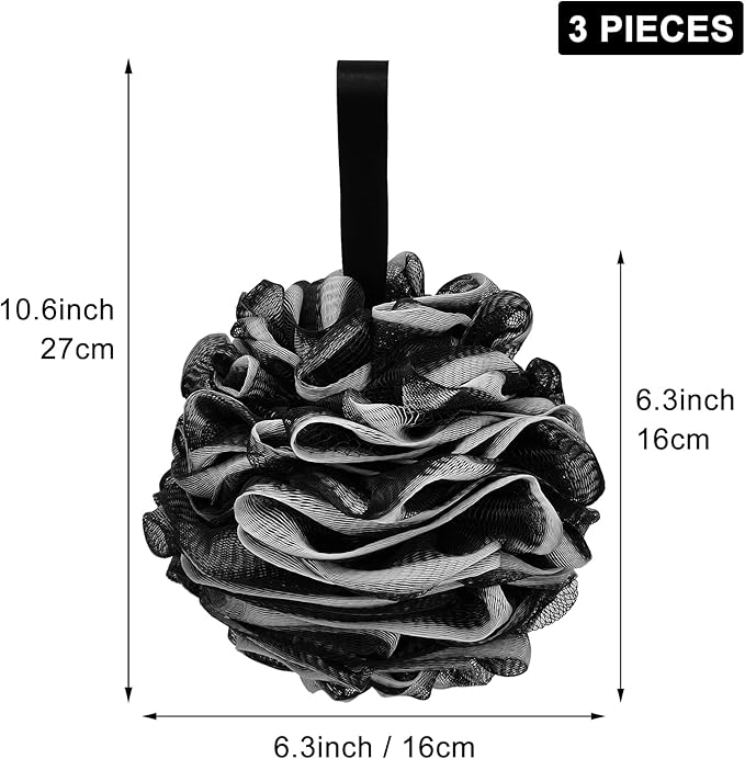 Loofah Charcoal Bath Shower Sponge Body Scrubber,75g XL Exfoliate Mesh Pouf Shower Bouquet,3 Pack Black Large Bath Sponge for Women and Men