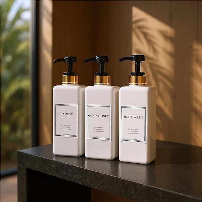 Shampoo and Conditioner Dispenser - Modern Gold Design Large 27oz Shower Soap Dispenser Set of 3, Refillable Empty Plastic Pump Bottles for Bathroom, 6 Waterproof Labels Included, Black