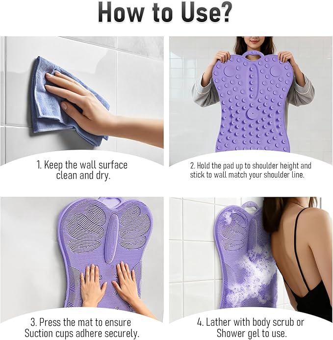 Back Scrubber Body Bath Cushion for Tub Bathtub with Back Lumbar Ergonomic Support, Silicone Extra Large Thick Soft Seat Pad Non-Slip Suction Cups, Relaxing Spa Exfloating Scrubber Mat Purple
