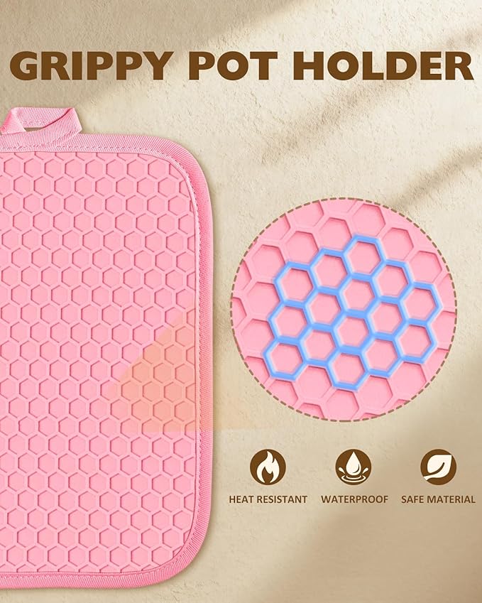 Slohif Silcone Strawberry Pot Holders for Kitchen - 100% Cotton Pink Cute Oven Potholders with Pockets, Heat Resistant Square Thick Hot Pads, House New Home Baking Baker Gifts,2pack