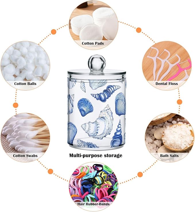 4 Pack Qtip Holder Dispenser Blue Seashells Ocean Nautical Coastal Cotton Ball Swab Round Pads Floss Clear Bathroom Storage Containers Plastic Apothecary Jars with Lids