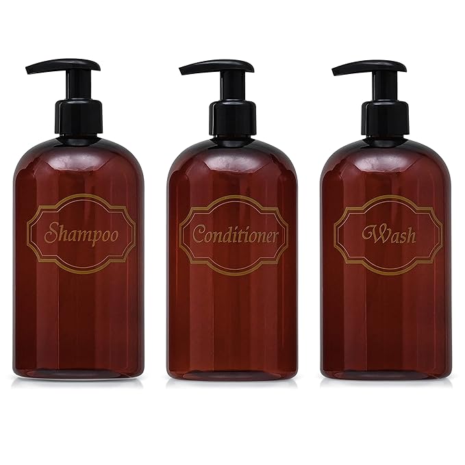 Bottiful Home-16 oz Shampoo, Conditioner, Wash Refillable Empty Plastic Pump Bottle Dispenser Set (Amber)