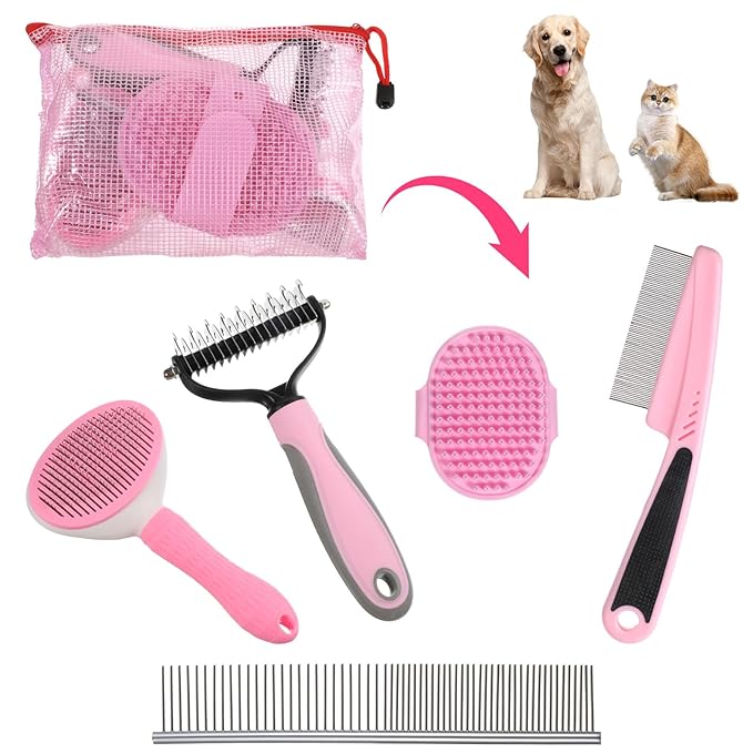 6PCS Dog Grooming Kit, Pet Grooming Kit, Deshedding Brush for Short Hair, Slicker Brush, Flea Comb, Puppy Brush Set in Pink for Dogs, Cats