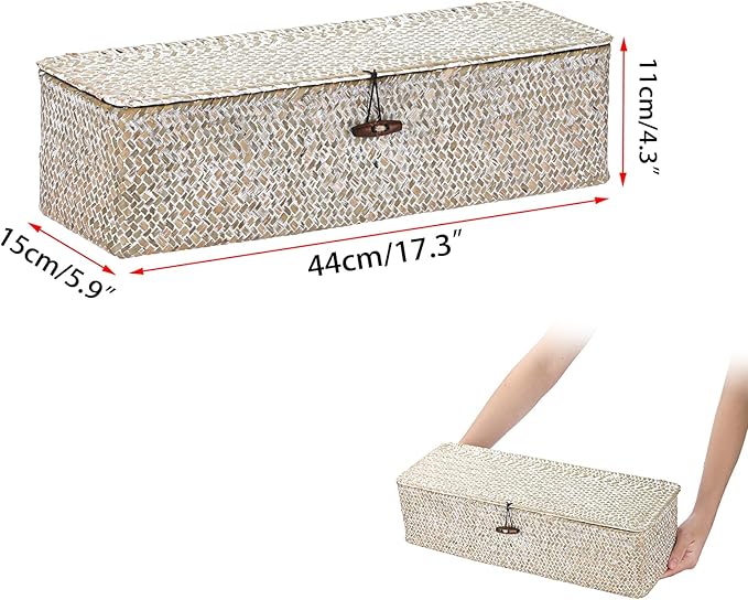 Sumnacon Extended Seagrass Storage Basket with Lid 3-Section Wicker Storage Basket,Small Woven Shelf Basket for Toiletries Tampon Storage,Seagrass Basket for Shelf Bathroom Toilet Counter,Whitewash