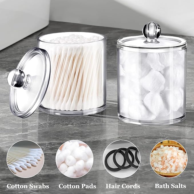 SheeChung 2 Pack(10oz&12oz) Clear Acrylic Qtip Holder Dispenser - Shatterproof Plastic Apothecary Jars for Bathroom Organization - Vanity Storage Canisters for Cotton Swabs,Balls,Pads,Q-Tips