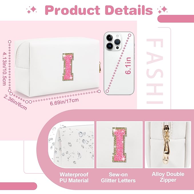 Small Personalized Initial A-Z Patch Makeup Bag,White Cute PU Leather Glitter Letter Cosmetic Bag for Teen Girls,Travel Toiletry Bag with Zipper,Preppy Monogrammed Birthday Gift for Daughter Niece I