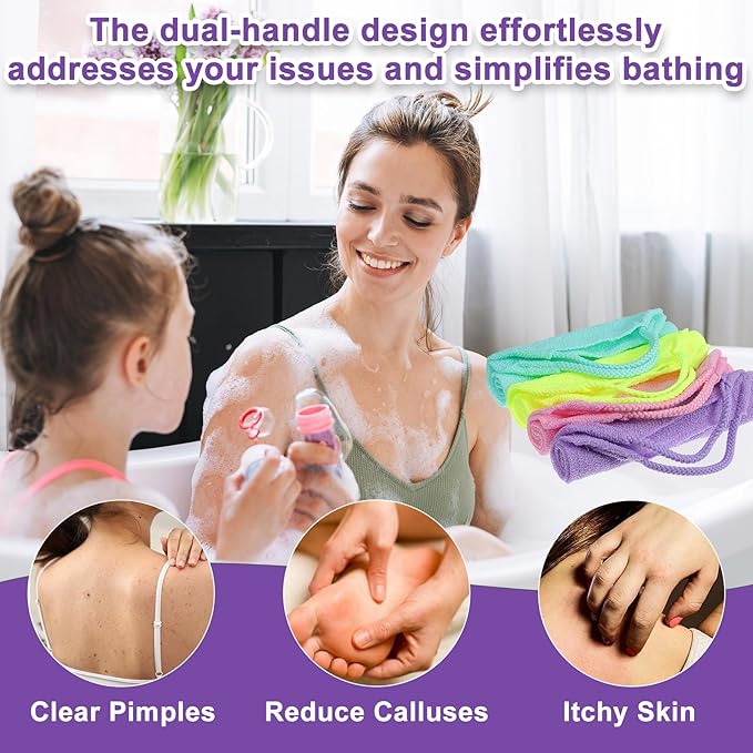 4Pcs Exfoliating Back Scrub, 4 Colores Extended Length Body Scrubber Cloth Towel for Shower Nylon Stretchable Bath Pull Strap for Body Cleans Skin Massages