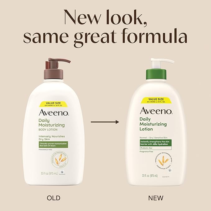 Aveeno Daily Moisturizing Body Lotion, Fragrance-Free Light & Creamy Lotion for Dry, Sensitive Skin With Prebiotic Oat Nourishes & Strengthens Skin's Moisture Barrier, Value Size, 33 fl oz