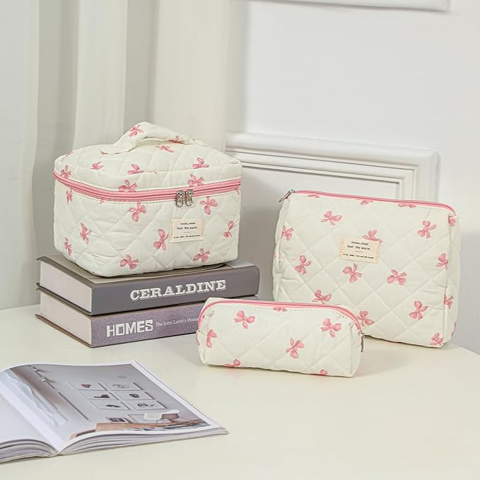 uekeboag 3Pcs Quilted Cotton Makeup Bag,Coquette Quilted Toiletry Bag for Women and Girls,Floral Coquette Pouch,Cute Kawaii Travel Cosmetic Bags(3Pcs Little Pink Bow)