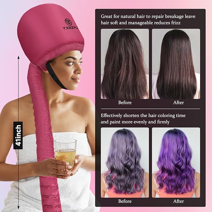 Hooded Hair Dryer Attachment, Hair Dryer Caps for Curly, Speeds Up Drying Time, Safety Deep Conditioning At Home (Rose Red)