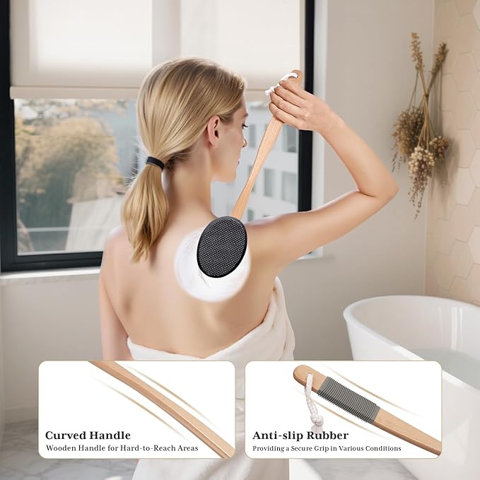 AmazerBath Lotion Applicator for Back, Feet, 4 Replacement Pads with 17" Curved Handle, Back Sunscreen Applicator for Kids, Elderly, Women, Apply Skin Cream Medicine Moisturizer Tanner, Black