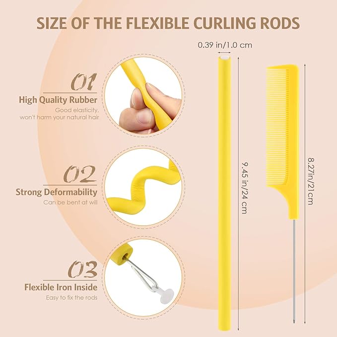 Syhood 30 Pcs Flexible Curling Rods 9.45 Twist Foam Rollers Soft Foam No Heat Hair Rods Rollers and 1 Steel Pintail Comb Rat Tail Comb for Women Long Short Hair(Yellow,9.45 x 0.39 Inch)