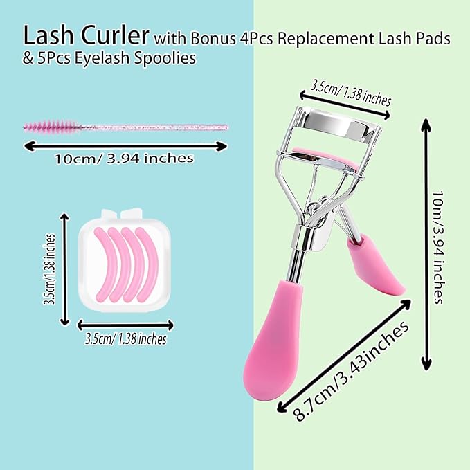 BenePoint Eyelash Curler, Lash Curler with Bonus 4Pcs Replacement Lash Pads& 5Pcs Eyelash Spoolies, Portable Travel Lash Curler for Eyelash Extension (Pink)