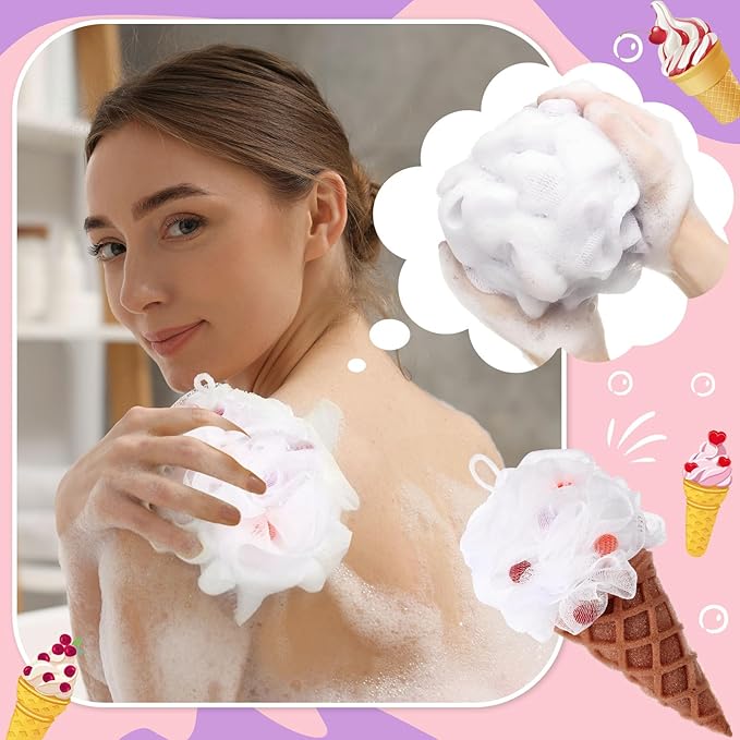 4 Pcs Ice Cream Bath Loofah Sponge Cartoon Body Scrubber Loofah Soft Mesh Exfoliating Bath Scrubber Shower Ball for Shower Sponge Gifts Exchange Birthday Party