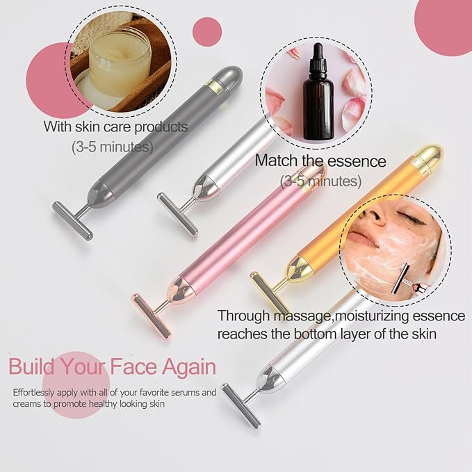 Beauty Bar 24K Gold Facial Massager - Face T Shape Tool for Skin Care Tightening with Ergonomic Design (Pink)