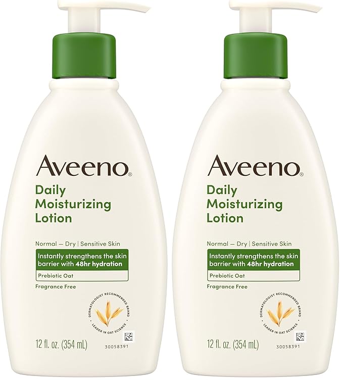 Aveeno Daily Moisturizing Body Lotion with Soothing Prebiotic Oat, Gentle Lotion Nourishes Dry Skin With Moisture, Paraben-, Dye- & Fragrance-Free, Non-Greasy & Non-Comedogenic, 12 fl. Oz (Pack of 2)