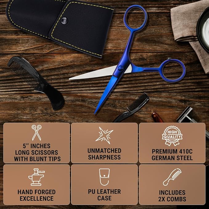 Ontaki Beard & Mustache Scissors for Men - 5inch, Midnight Blue - 410C German Steel Durable, Ergonomic Design Travel Friendly Facial Hair Scissors - Beard Kit 2 Combs & Case Perfect for Styling