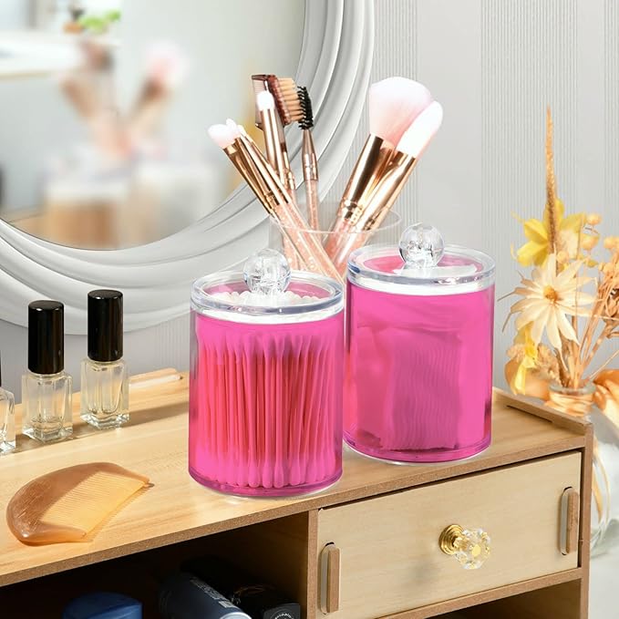 Hot Pink Qtip Holder Organizer Dispenser Cotton Swabs Cans Plastic Jars with Lid Set 2 Pack Bathroom Storage Canister for Cotton Ball Floss Cotton Pads