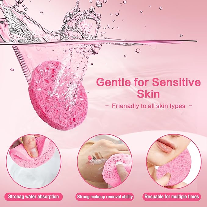 60-Count Compressed Facial Sponges Natural Cellulose - Reusable Professional Face Sponge for Cleansing, Exfoliating & Makeup Removal, Gentle Spa Skincare Tools for Travel Home Bath (pink)