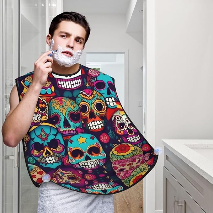 Sugar Skulls Print Beard Bib Apron For Men, Beard Hair Catcher For Men Shaving Trimming,Beard Cape Cloth, Black